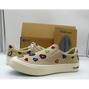 SeaVees Hawthorne Women’s Rainbow Heart Embroidered Slub Sneakers, Sz 6, Linen